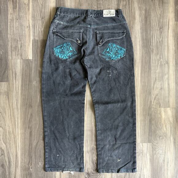 Vintage Y2K Raw Blue Jeans Men’s Size 34x30 Skull Black Baggy Wide Leg - Picture 1 of 8